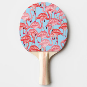 Bright Pink Flamingos On Blue Ping Pong Paddle