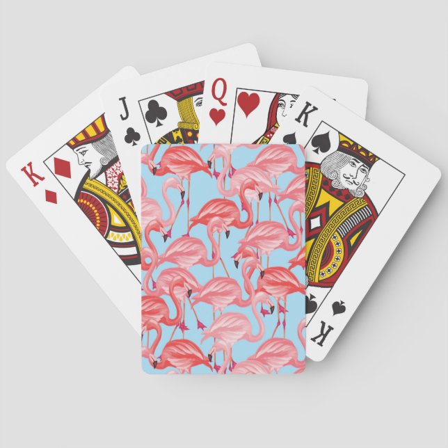 Bright Pink Flamingos On Blue Playing Cards (Back)