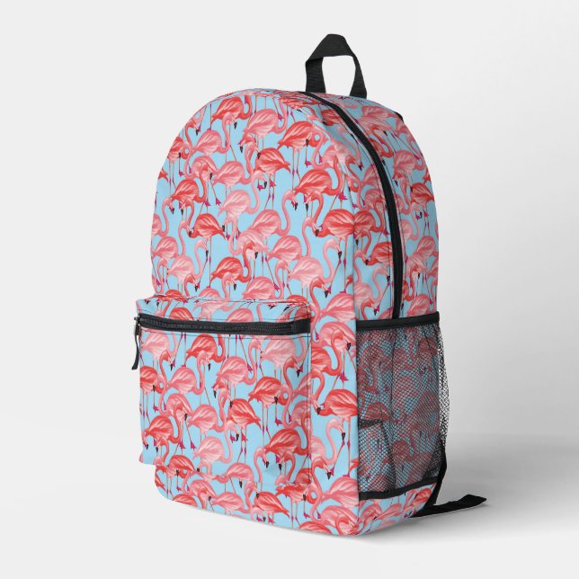 Bright Pink Flamingos On Blue Printed Backpack (Back Corner Right)