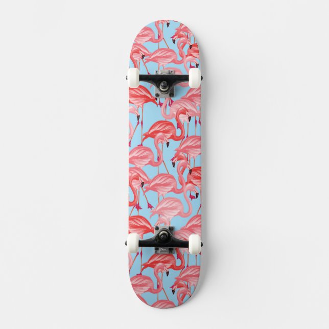 Bright Pink Flamingos On Blue Skateboard (Front)