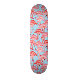 Bright Pink Flamingos On Blue Skateboard