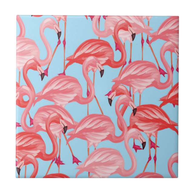 Bright Pink Flamingos On Blue Tile (Front)