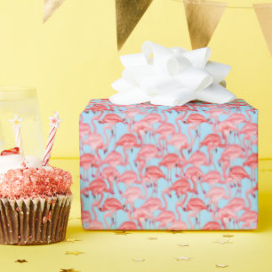 Bright Pink Flamingos On Blue Wrapping Paper