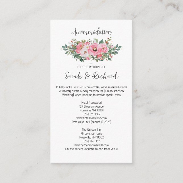 Bright Pink Floral Accommodation Wedding  Enclosure Card (Front)