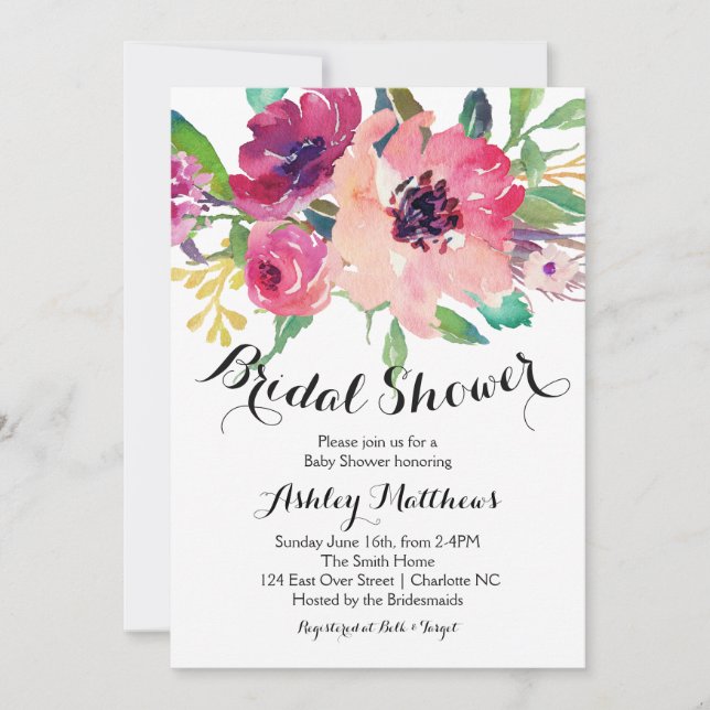 Bright pink Floral Bridal Shower Invitation (Front)