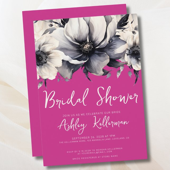 Bright Pink Floral Bridal Shower Invitation (Watercolor Floral Bright Pink Bridal Shower Invitation)