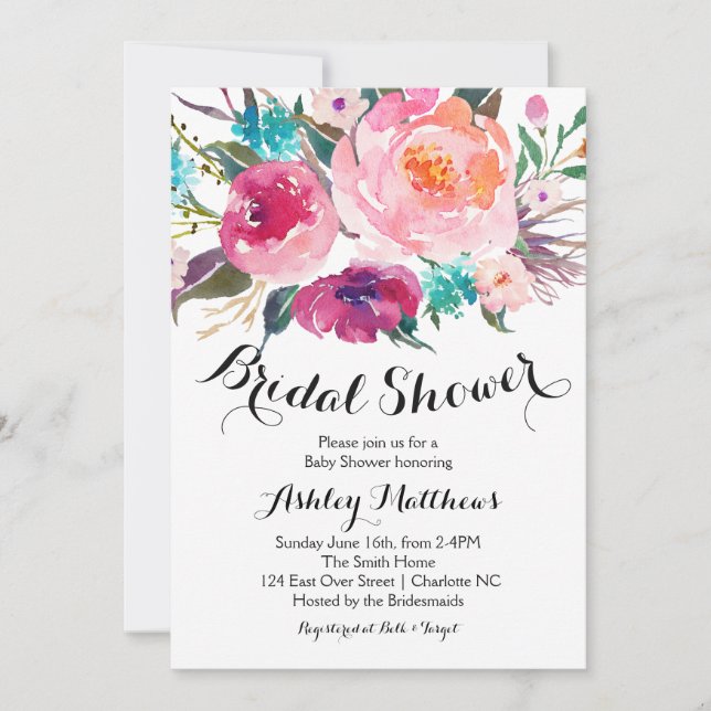 Bright pink Floral Bridal Shower Invitation (Front)