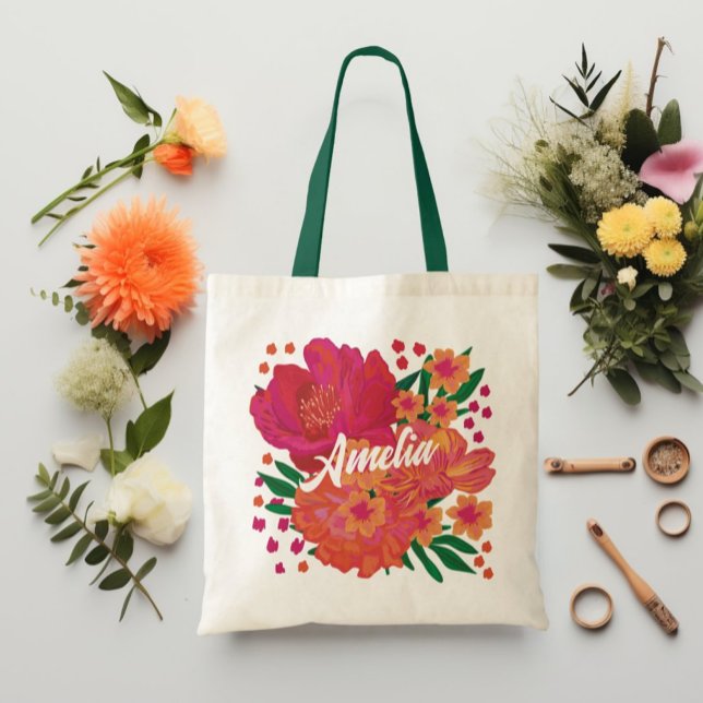 Bright Pink Floral Bridesmaid Monogram Name  Tote Bag (Creator Uploaded)