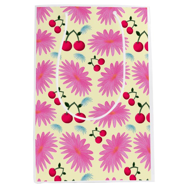 Bright Pink Floral Cherry Pattern | Cute Kawaii  Medium Gift Bag (Front)