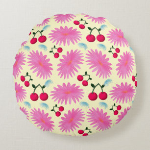 Bright Pink Floral Cherry Pattern   Cute Kawaii  Round Cushion