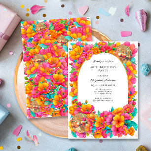 Bright Pink Floral Gold Disco Ball Birthday Party Invitation
