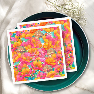Bright Pink Floral Gold Disco Ball Birthday Party Napkin