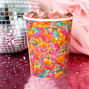 Bright Pink Floral Gold Disco Ball Birthday Party Paper Cups