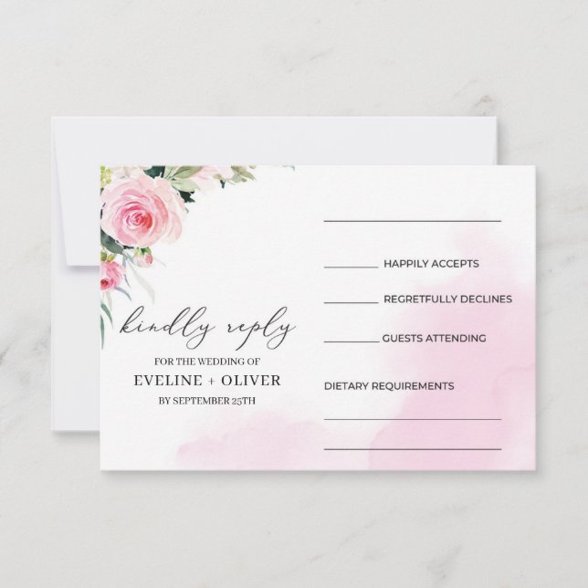 Bright pink floral greenery eucalyptus wedding RSVP card (Front)