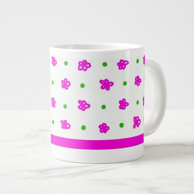 Bright Pink Floral Pattern, Green Polkas on White Large Coffee Mug (Front Right)