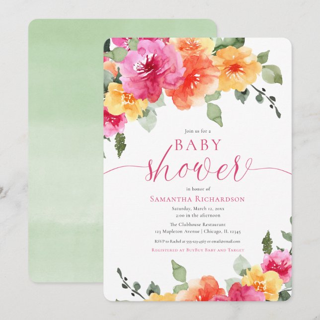 Bright pink floral peonies girl baby shower invitation (Front/Back)
