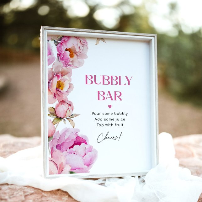 Bright pink floral peony bridal bubbly bar poster (Creator Uploaded)