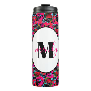 Bright pink floral personalised thermal tumbler