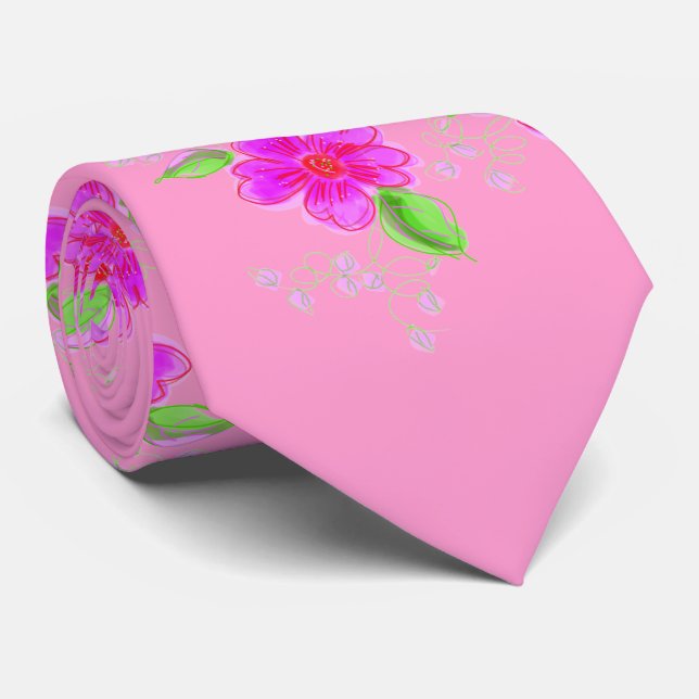 Bright Pink Floral Tie (Rolled)