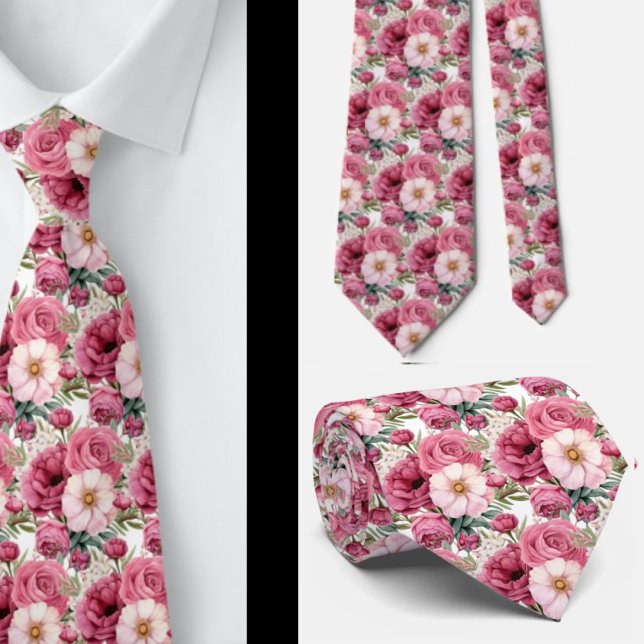 Bright Pink Floral Watercolor Neck Tie (Creator Uploaded)