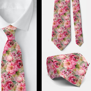 Bright Pink Floral Watercolor Neck Tie