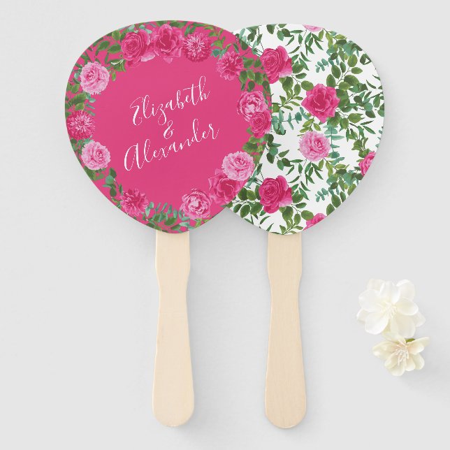 Bright Pink Floral Wedding Hand Fan (Front and Back)