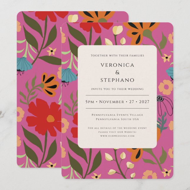 Bright pink floral wedding  invitation (Front/Back)