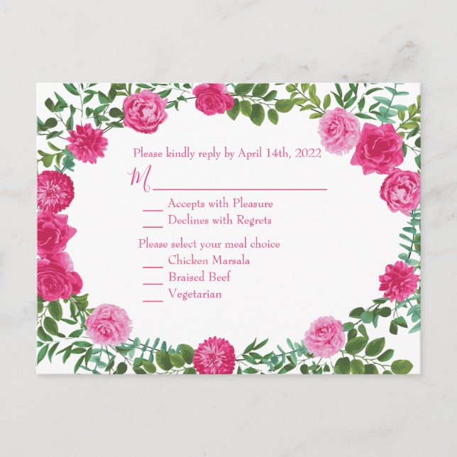 Bright Pink Floral Wedding Invitation Reply Card (Front)