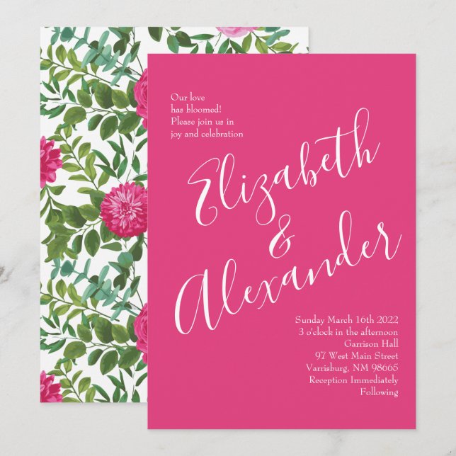 Bright Pink Floral Wedding Invitations (Front/Back)