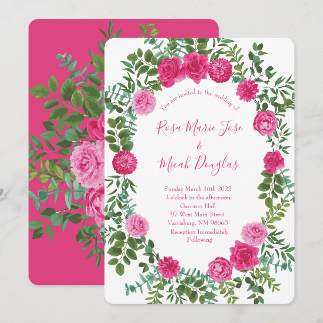 Bright Pink Floral Wedding Invitations (Front/Back)