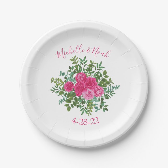 Bright Pink Floral Wedding Paper Plate (Front)