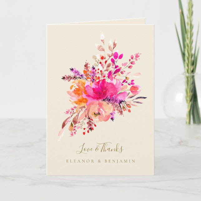 Bright Pink Floral Wedding Photo Custom Message Thank You Card (Front)