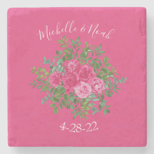 Bright Pink Floral Wedding Stone Coaster