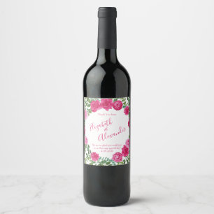 Bright Pink Floral Wedding Wine Label