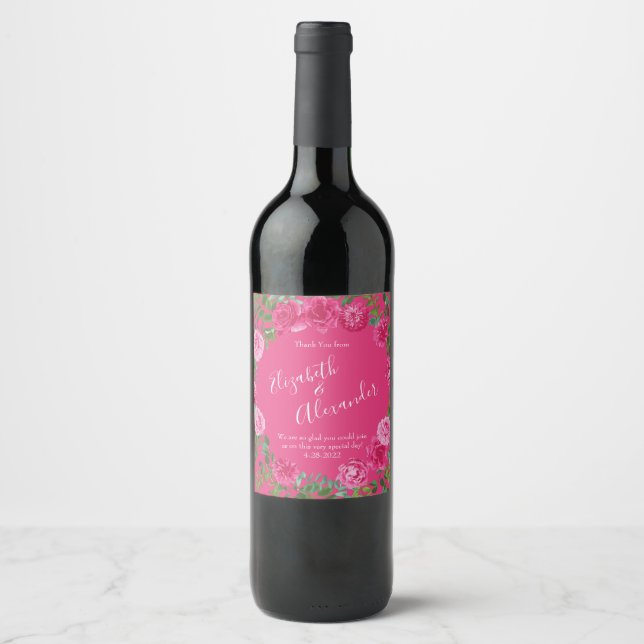 Bright Pink Floral Wedding Wine Label (Front)