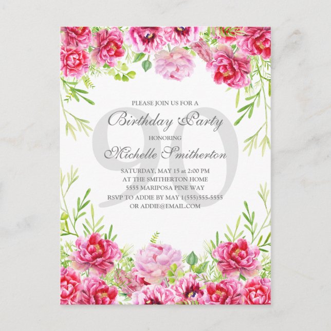 Bright Pink Floral Women's 90th Birthday Party Postcard (Front)