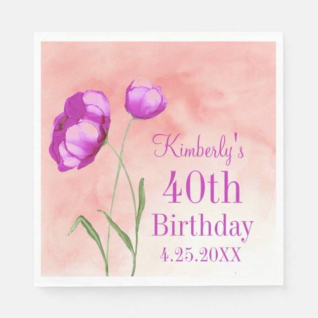 Bright Pink Florals, Customisable Birthday Napkin (Front)