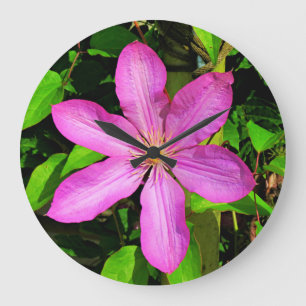 Bright Pink Flower Blooming & Green Background Large Clock