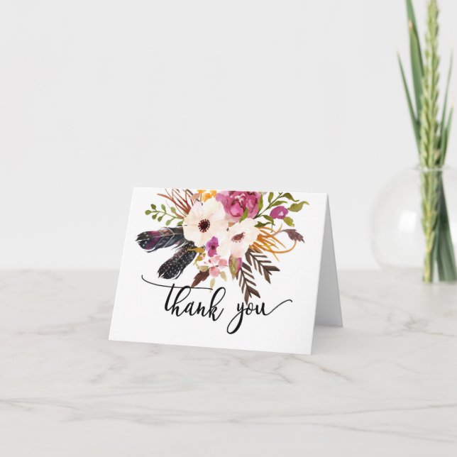 Bright pink  flower water colour THank you note (Front)