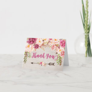 Bright pink  flower water colour THank you note Card