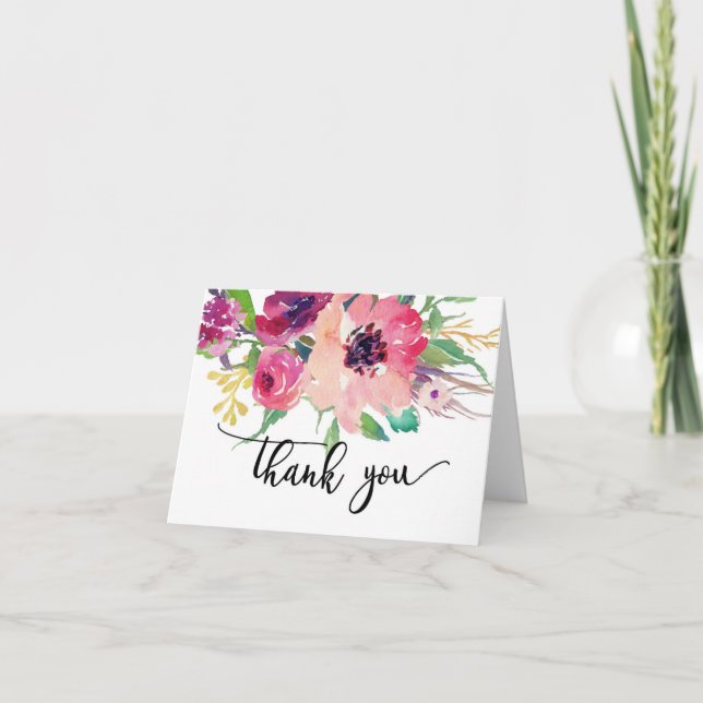 Bright pink  flower water colour THank you note Card (Front)