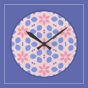 Bright Pink Flowers and Blue Shapes on Floral Wall Round Clock