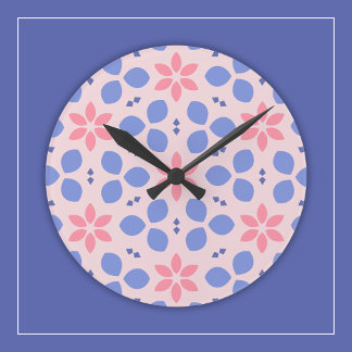 Bright Pink Flowers and Blue Shapes on Floral Wall Round Clock