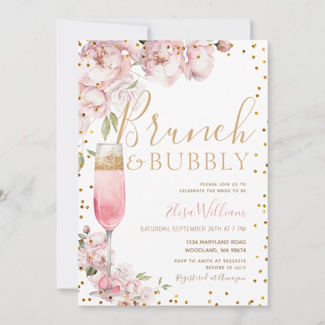 Bright Pink Flowers Brunch & Bubbly Bridal Shower Invitation (Front)