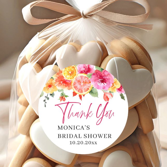 Bright Pink Flowers Citrus Slice Bridal Shower Classic Round Sticker (Creator Uploaded)