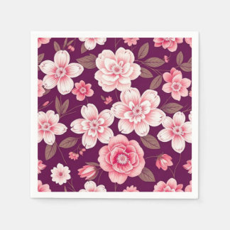Bright pink flowers pattern on purple napkin