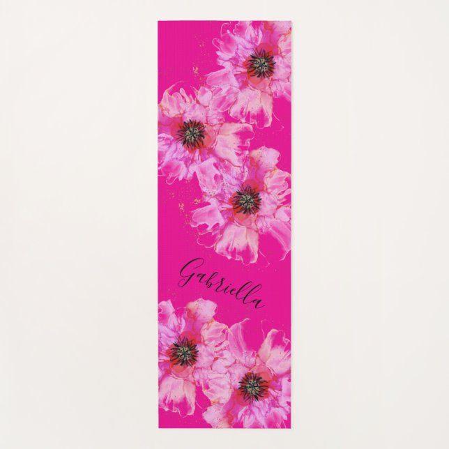 Bright Pink Flowers With Name  Yoga Mat (Front)