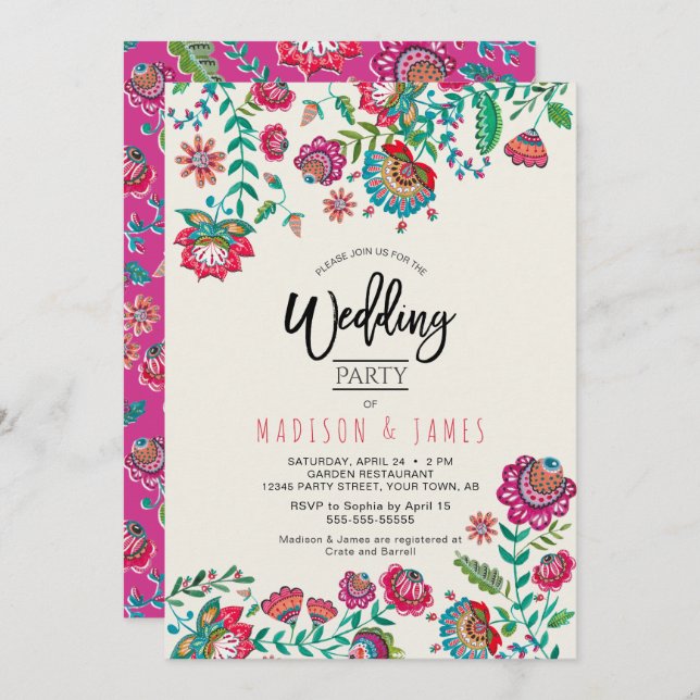 Bright pink folk flower Mexican boho wedding Invitation (Front/Back)