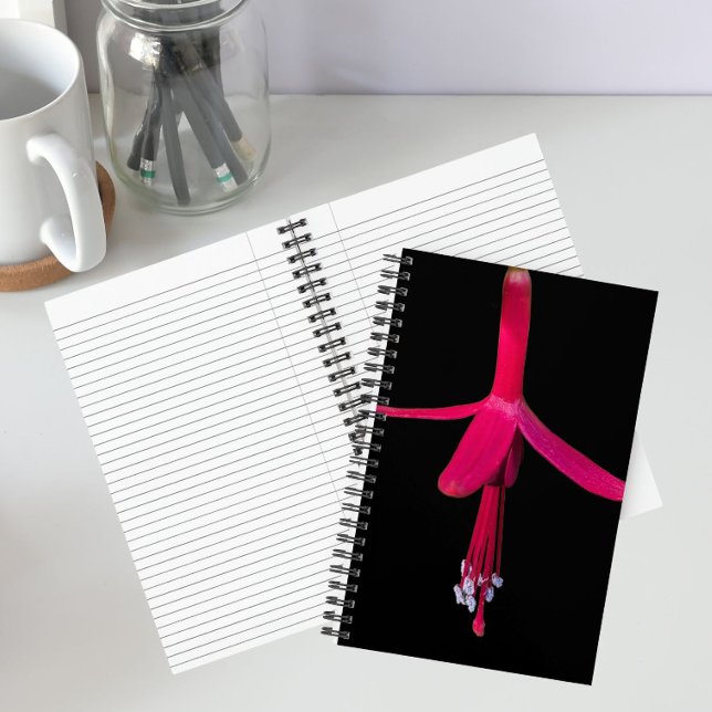 Bright Pink Fuchsia Flower on Black Notebook (In Situ)