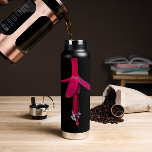Bright Pink Fuchsia Flower on Black Water Bottle